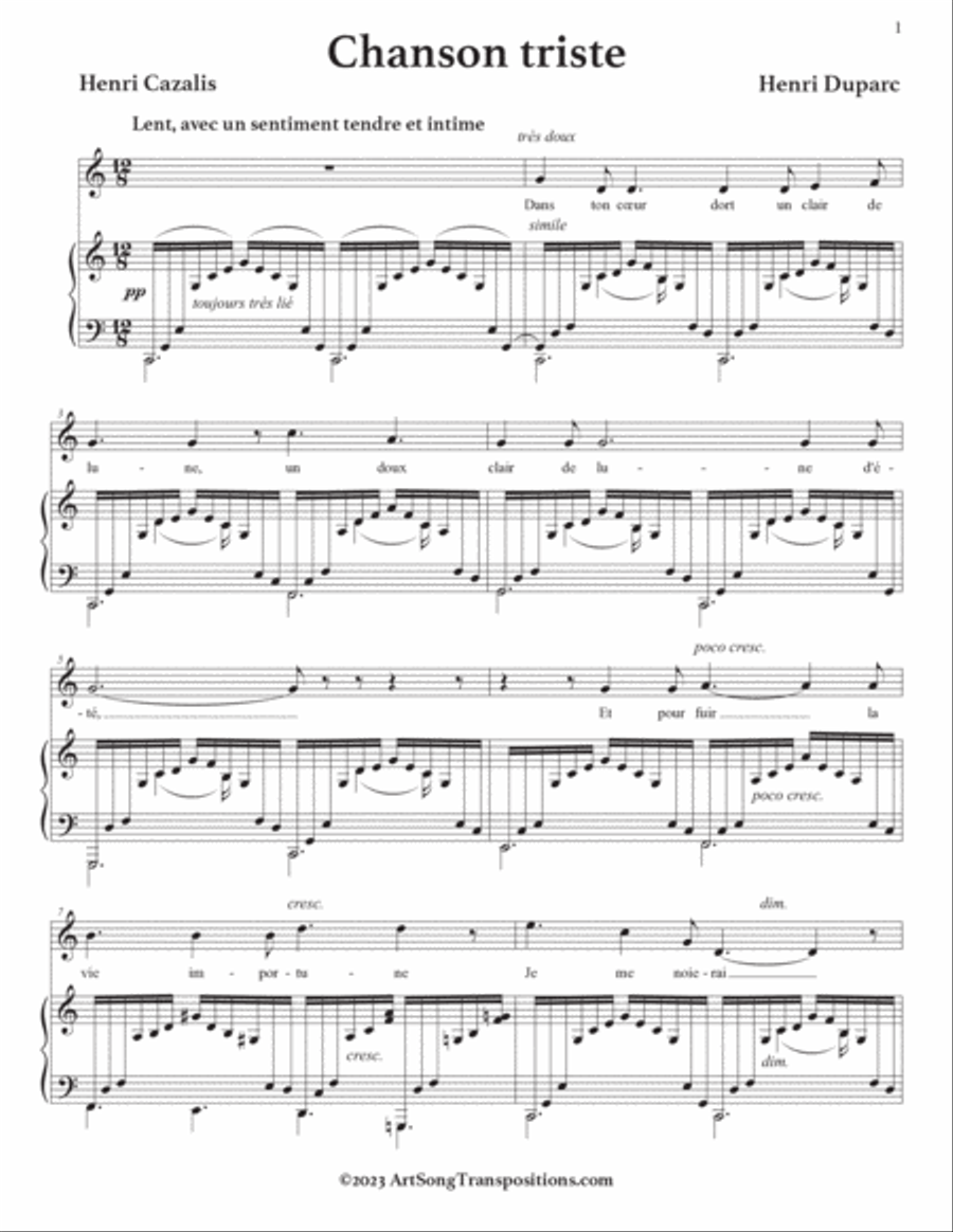 DUPARC: Chanson triste (transposed to C major, B major, and B-flat major) Voice scores gallery preview page 2