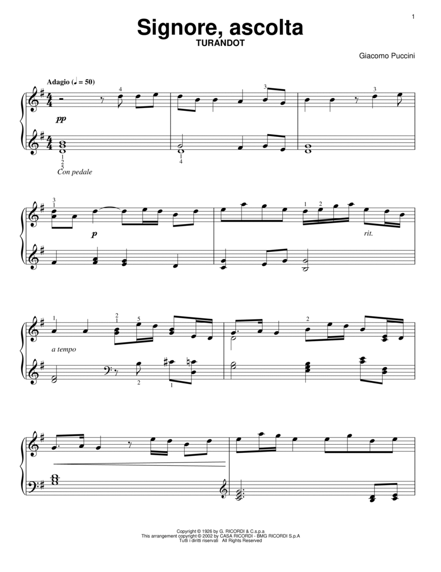 Signore Ascolta (from Turandot) Easy Piano scores gallery preview page 1