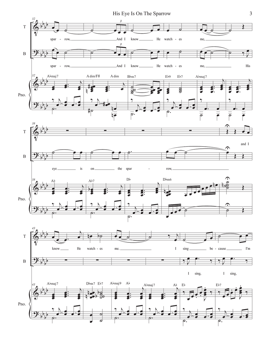 His Eye Is On The Sparrow (Duet for Tenor and Bass solo) (Easy Vocal Duet Version) Bass Voice scores gallery preview page 3