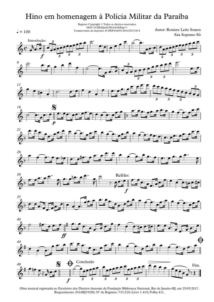 Hino em homenagem à Polícia Militar do Estado Paraíba Soprano Saxophone scores gallery preview page 1