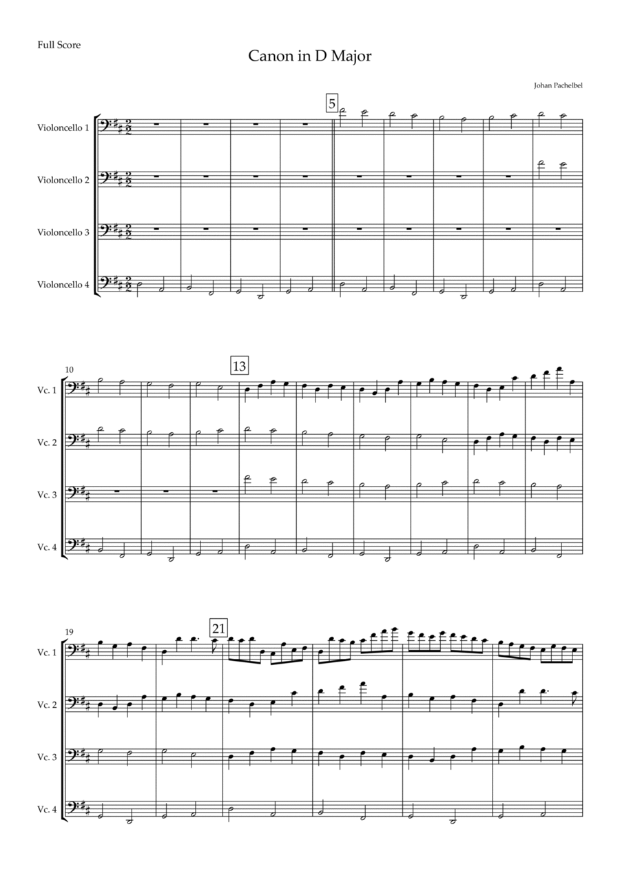 Canon in D Major (Johann Pachelbel) for Cello Quartet String Quartet scores gallery preview page 1