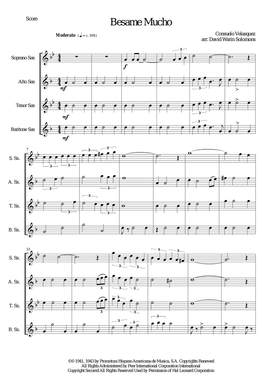 Besame Mucho (Kiss Me Much) Saxophone Quartet scores gallery preview page 1