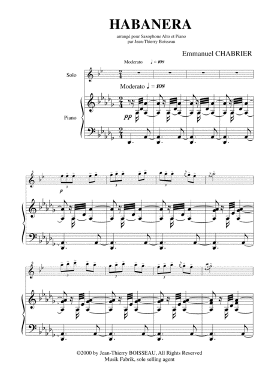 Emmanuel Chabrier: Habanera arranged for alto saxophone and piano Alto Saxophone scores gallery preview page 2