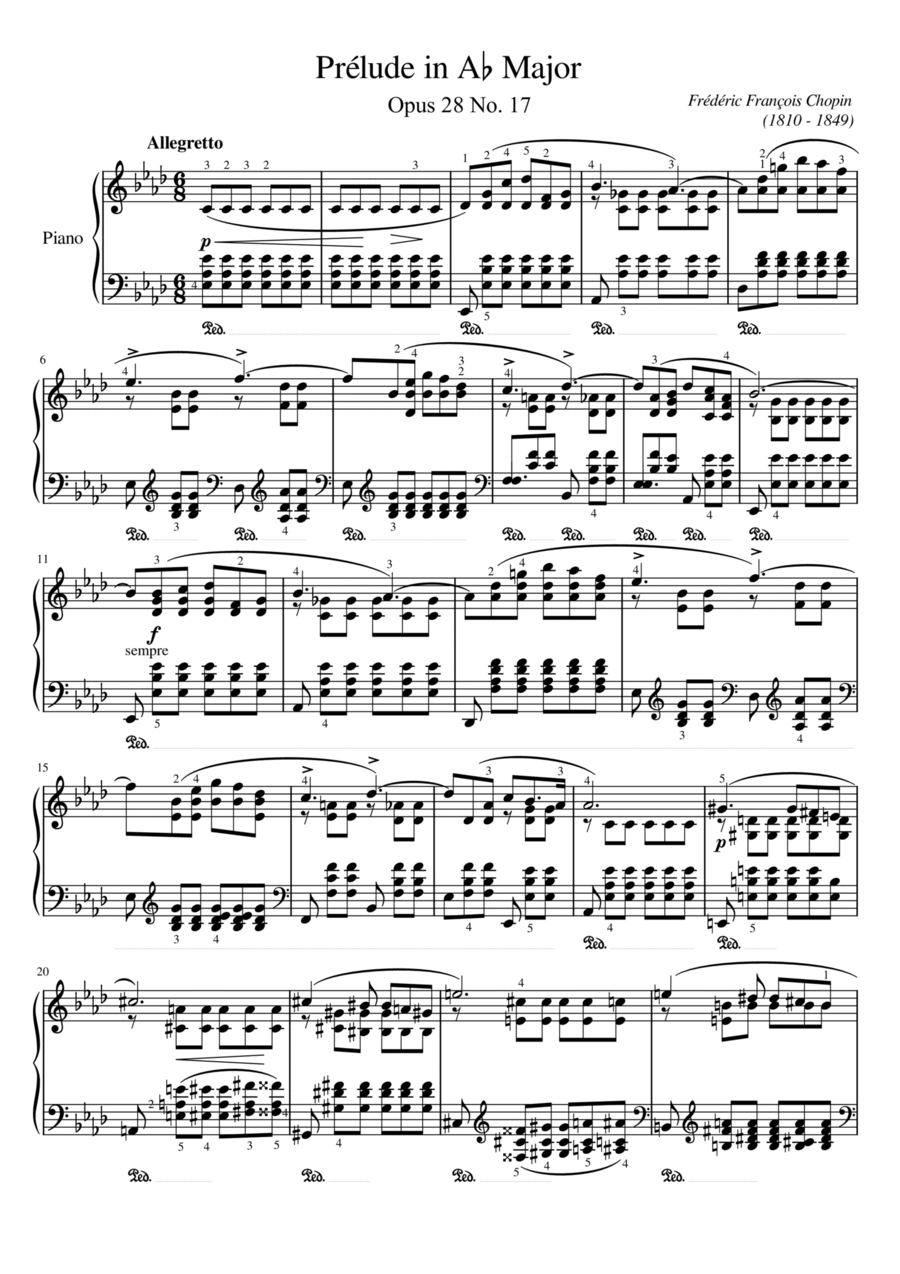 Chopin - 24 Preludes Op.28 No.17 In A Flat Major - Original With Fingering For Piano Solo Piano Solo scores gallery preview page 1
