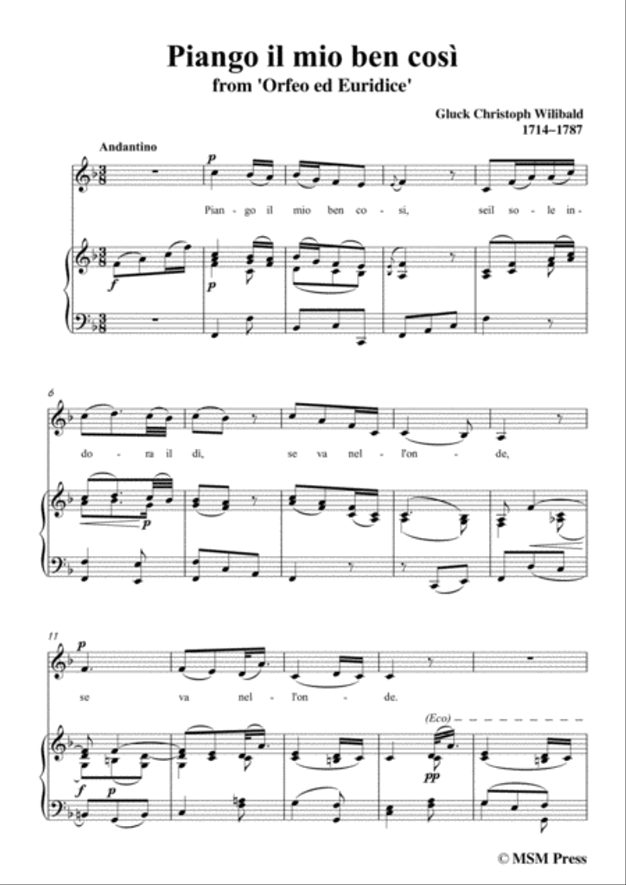 Gluck-Piango il mio ben così,from 'Orfeo ed Euridice',in F Major,for Voice and Piano Voice Solo scores gallery preview page 3