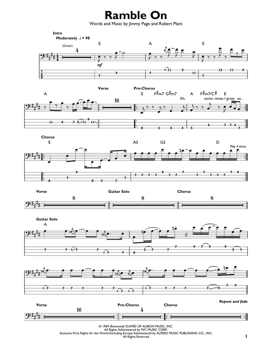 Ramble On Bass Guitar scores gallery preview page 1