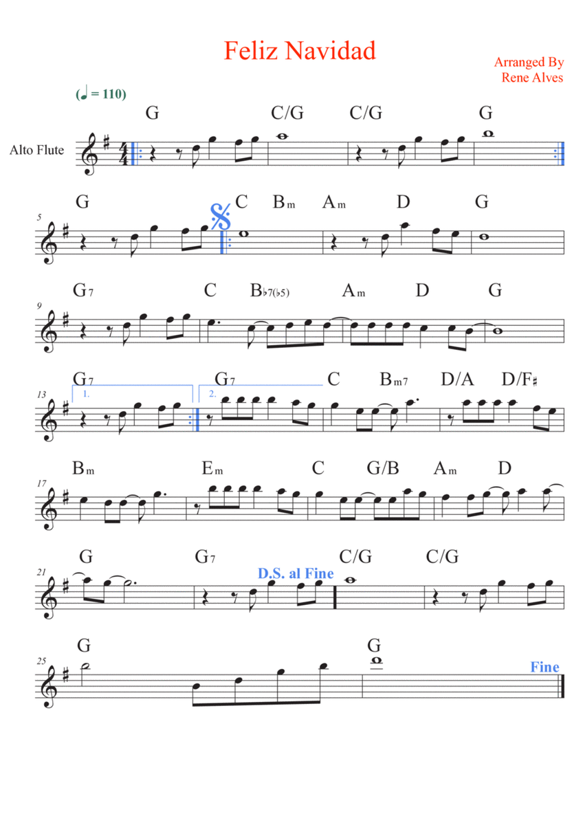 Feliz navidad, cipher music and melody for alto flute (easy). image number null