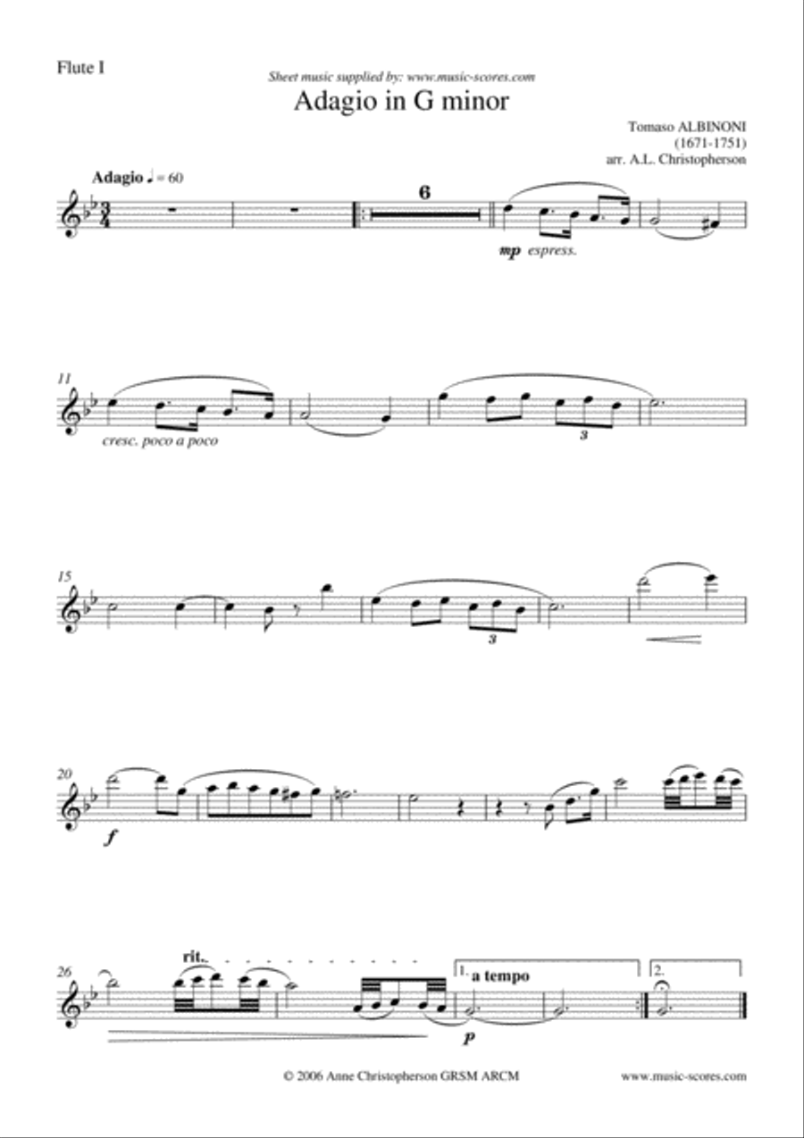 Albinoni Adagio - 2 Flutes, Violin and Piano Flute scores gallery preview page 4