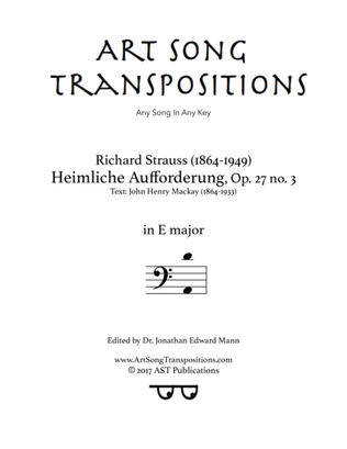 Book cover for STRAUSS: Heimliche Aufforderung, Op. 27 no. 3 (transposed to E major, bass clef)