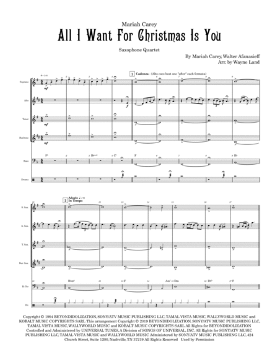 All I Want For Christmas Is You Saxophone Quartet scores gallery preview page 2