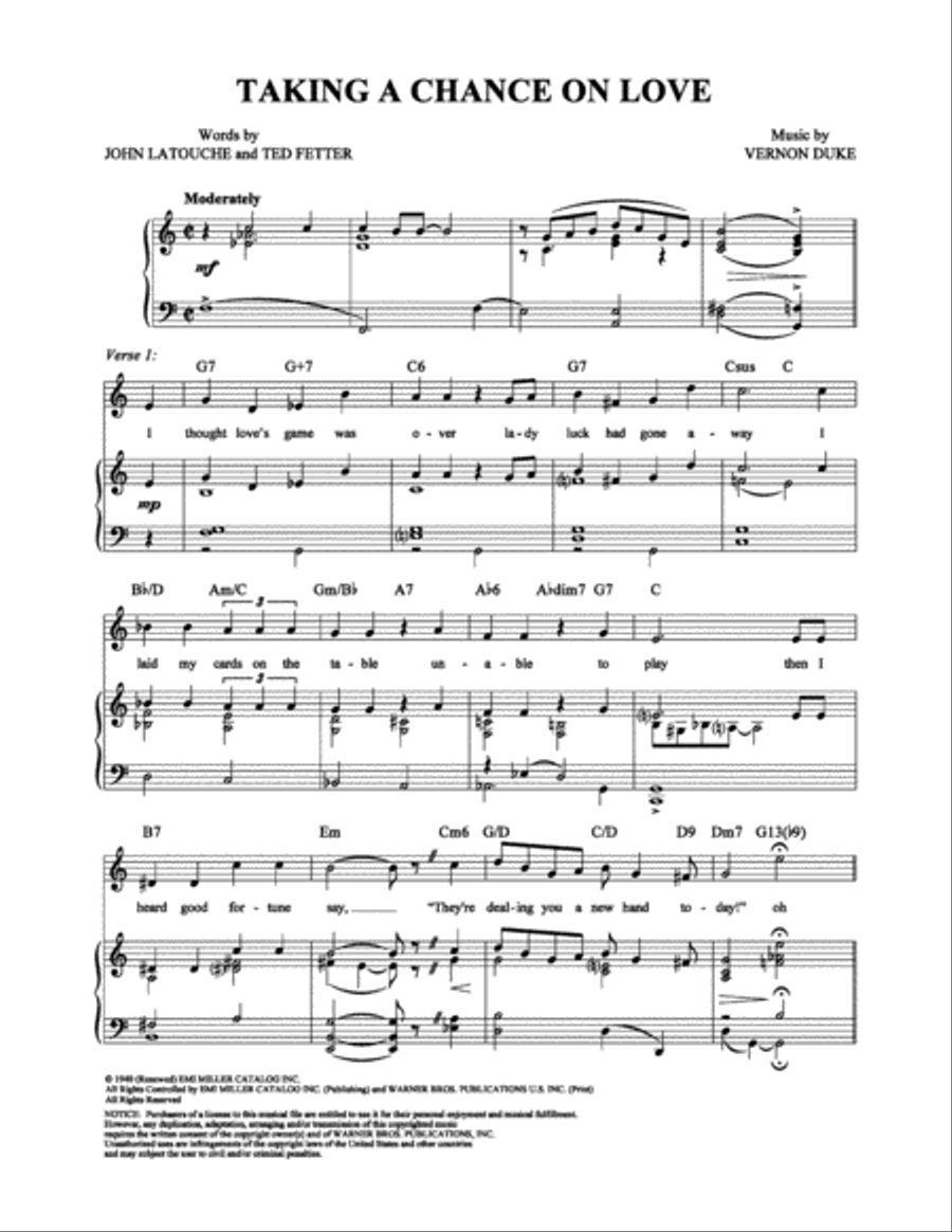 Taking a Chance On Love Piano, Vocal, Guitar scores gallery preview page 1