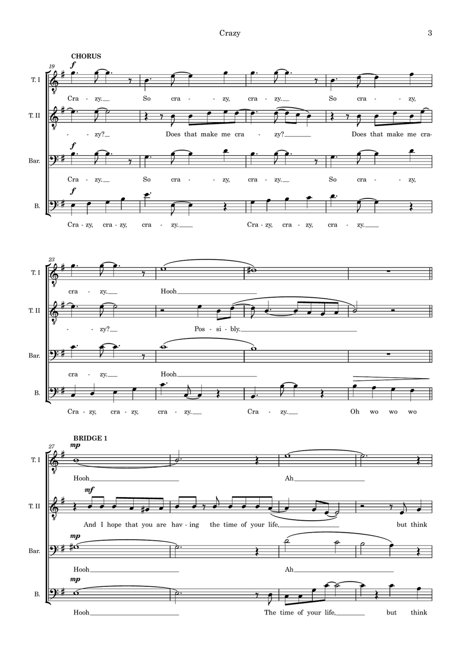 Crazy (arr. Wendy Sergeant) TTBB scores gallery preview page 3