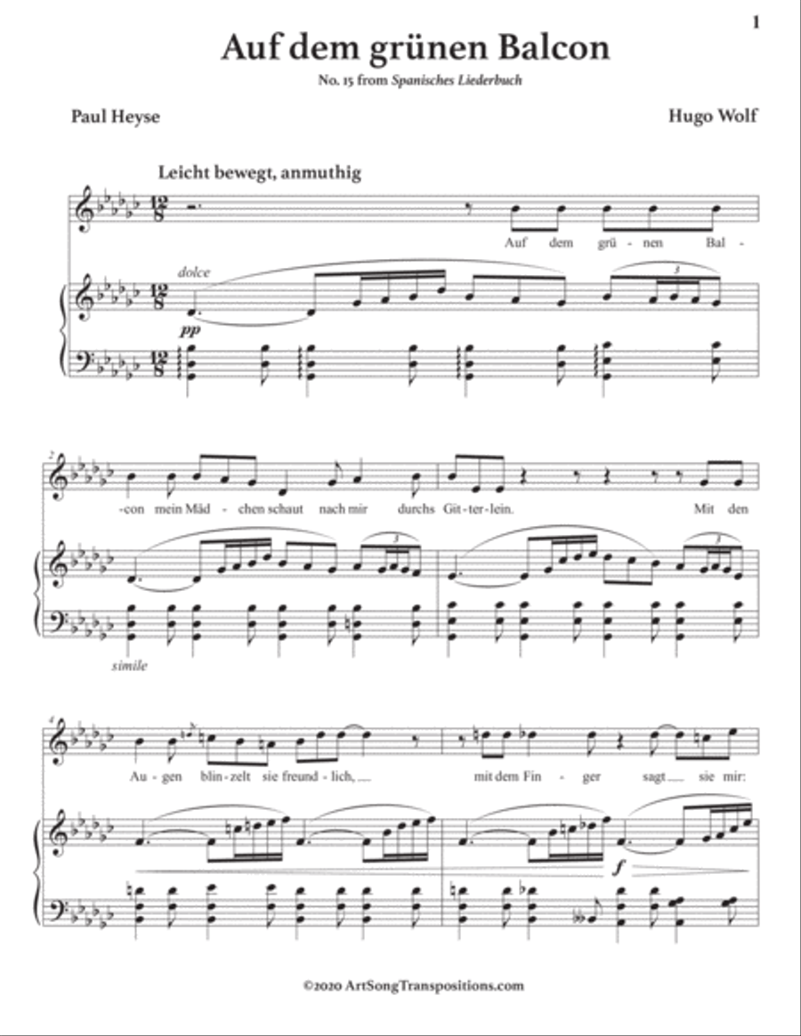 WOLF: Auf dem grünen Balcon (transposed to G-flat major) Voice scores gallery preview page 2