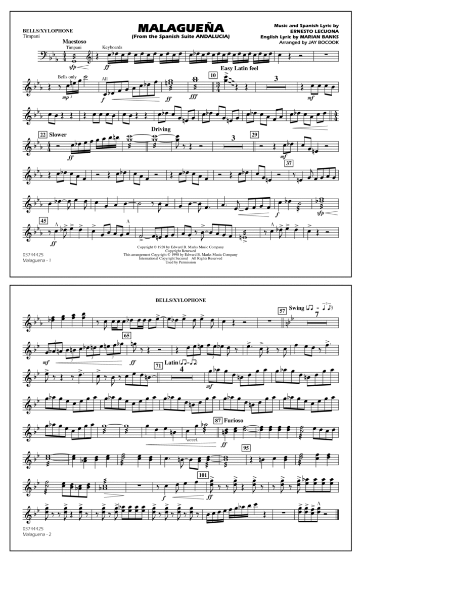 Malagueña (arr. Jay Bocook) - Bells/Xylophone Marching Band scores gallery preview page 1