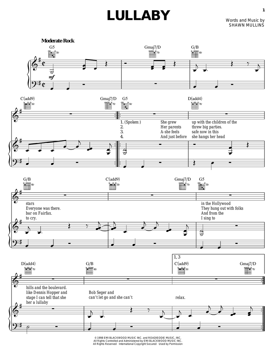 Lullaby Piano, Vocal, Guitar scores gallery preview page 1
