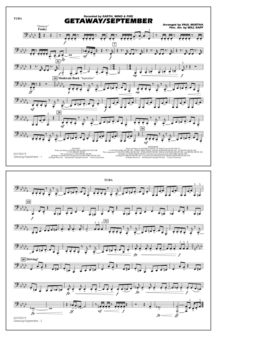 Getaway/September (arr. Paul Murtha) - Tuba Marching Band scores gallery preview page 1