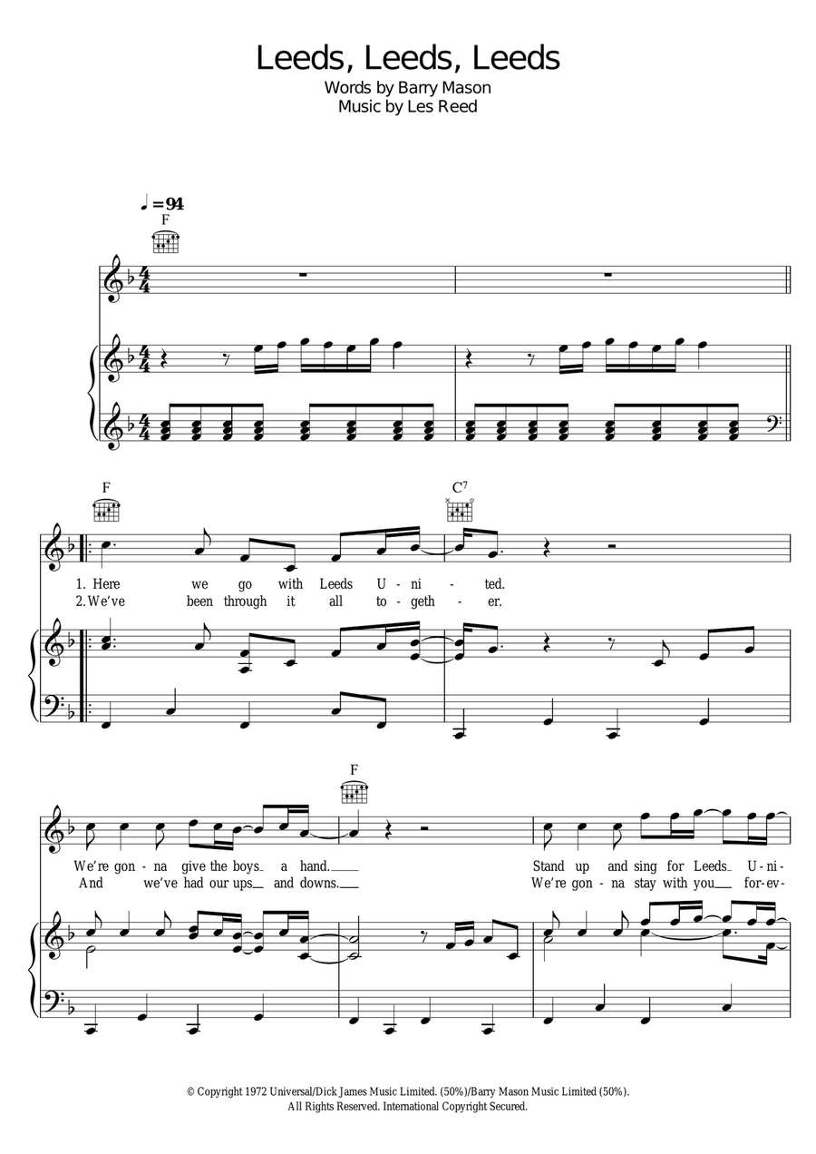 Leeds, Leeds, Leeds (Marching On Together) Piano, Vocal scores gallery preview page 1