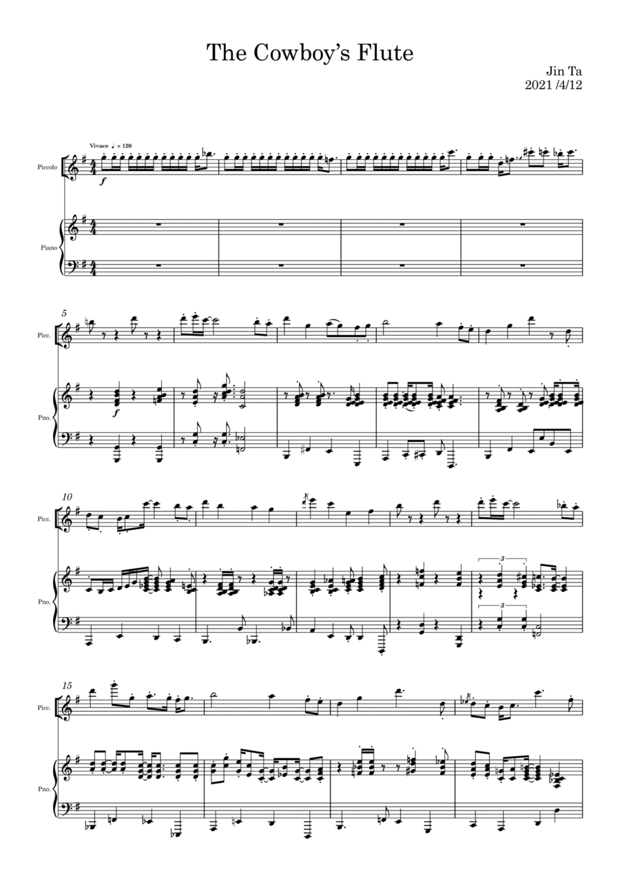 The Cowboy’s Flute for piccolo and piano Piccolo scores gallery preview page 1