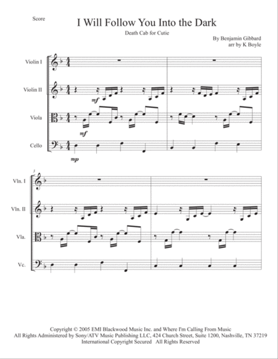 I Will Follow You Into The Dark String Quartet scores gallery preview page 1