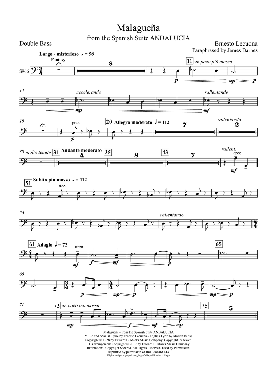 Malagueña (from Andalucia) (arr. James Barnes) - Double Bass Concert Band scores gallery preview page 1