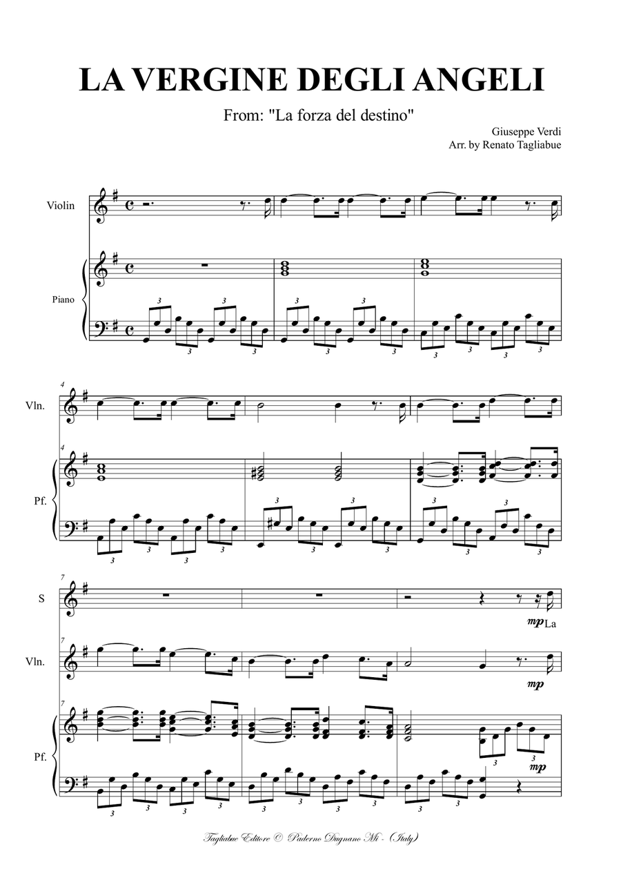 LA VERGINE DEGLI ANGELI - G.Verdi - Arr. for Soprano, Violin and Piano Small Ensemble scores gallery preview page 1
