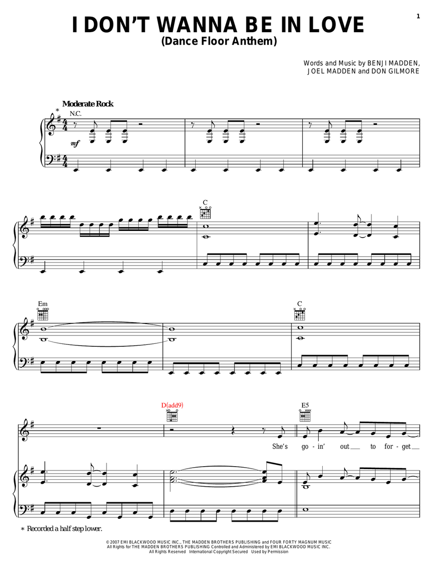 I Don't Wanna Be In Love (Dance Floor Anthem) Piano, Vocal, Guitar scores gallery preview page 1