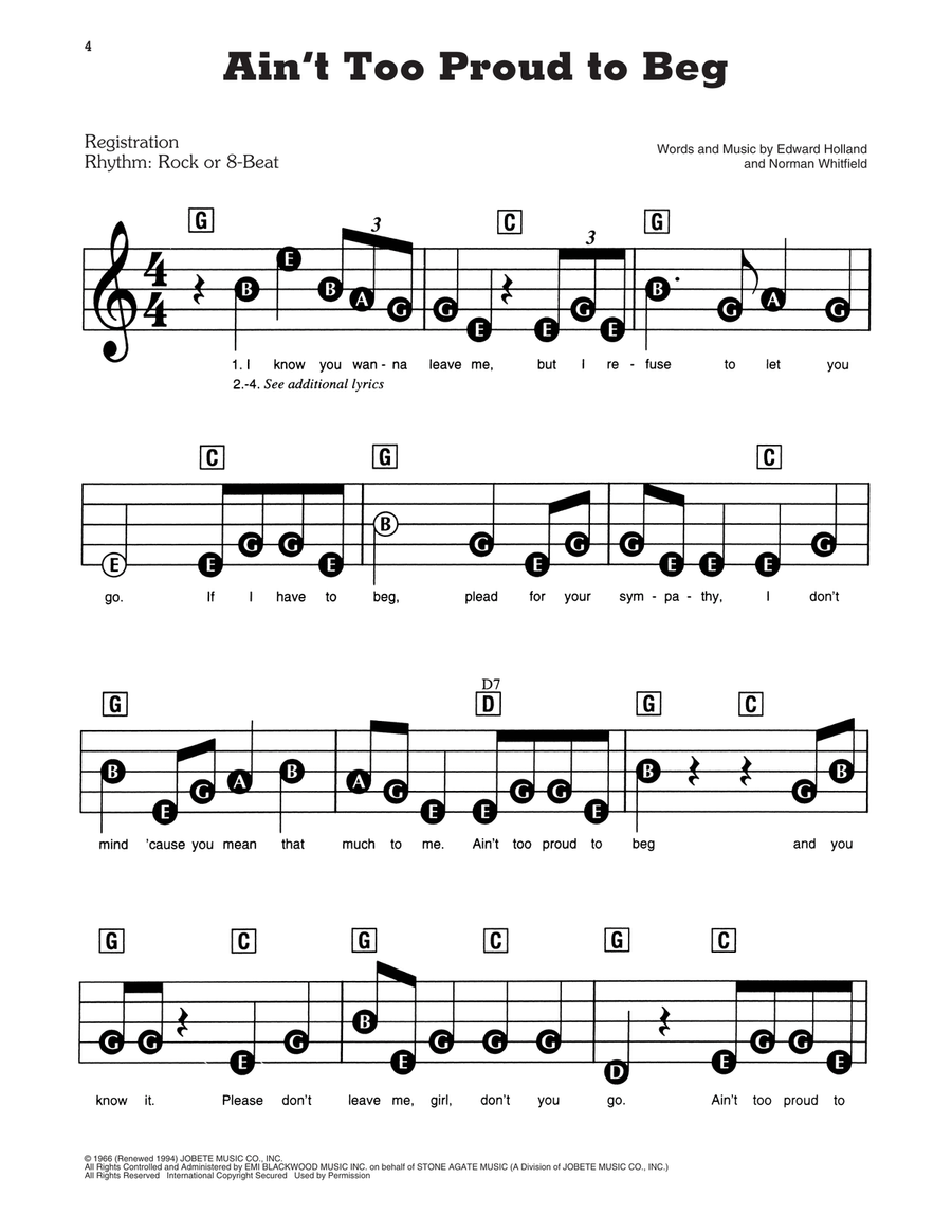 Ain't Too Proud To Beg Electronic Keyboard scores gallery preview page 1