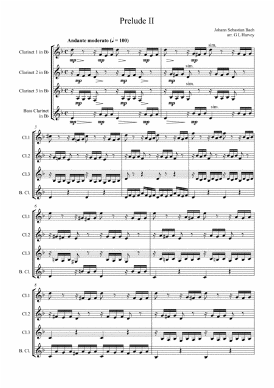 Prelude and Fugue II (BWV 847) for Clarinet Quartet Clarinet Quartet scores gallery preview page 2