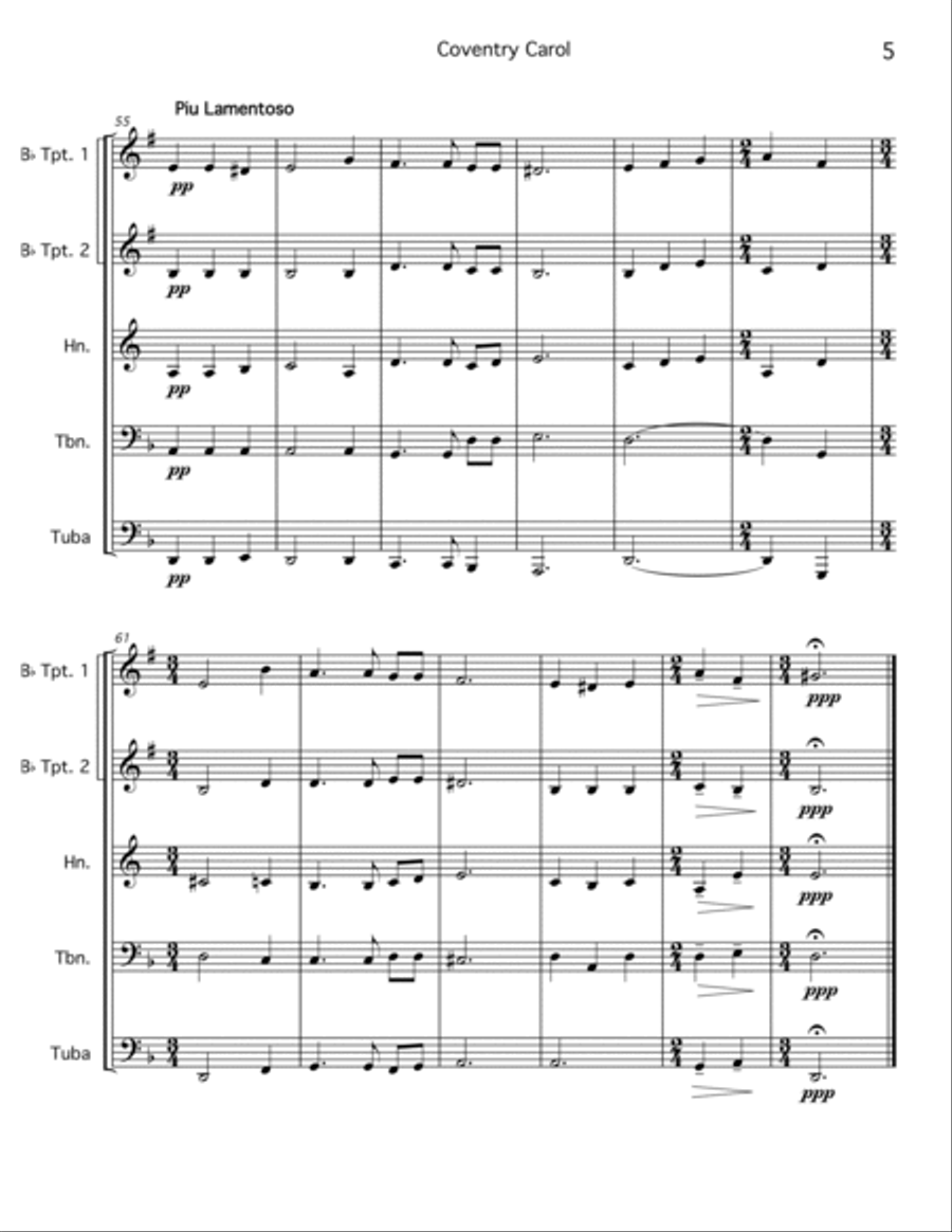 Two Solemn Carols - Coventry Carol / Personent Hodie Brass Ensemble scores gallery preview page 5