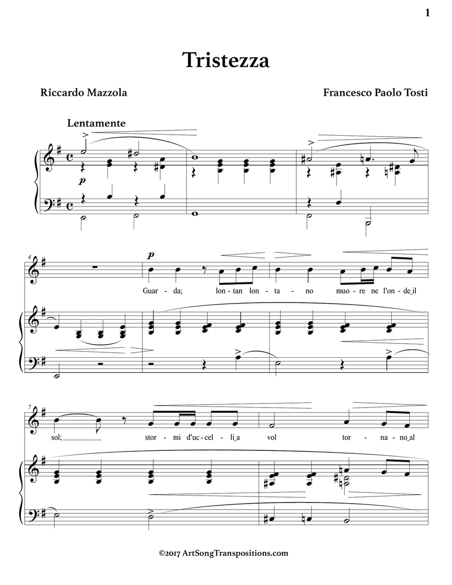 TOSTI: Tristezza (transposed to E minor) Piano, Vocal scores gallery preview page 2