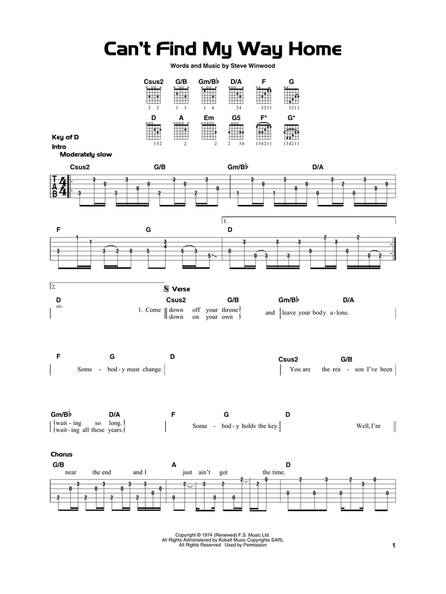 Can't Find My Way Home Acoustic Guitar scores gallery preview page 1