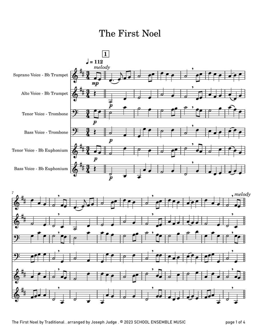 The First Noel for Brass Quartet in Schools Brass Quartet scores gallery preview page 1