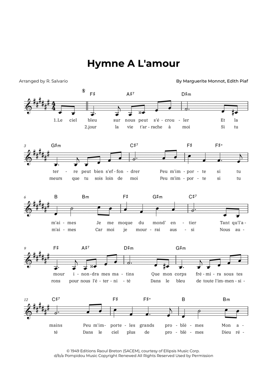 Hymne A L'amour Piano scores gallery preview page 1