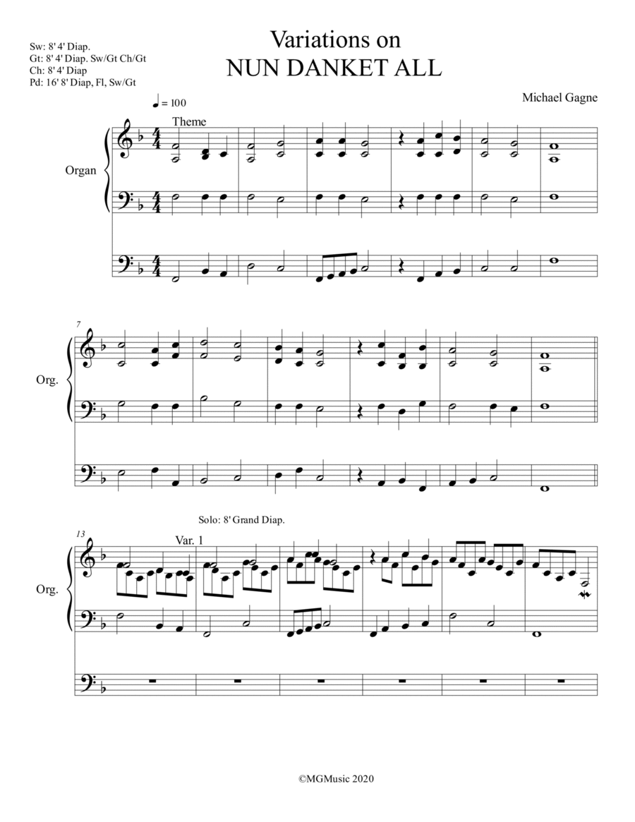 Variations on NUN DANKET ALL Organ Solo scores gallery preview page 1