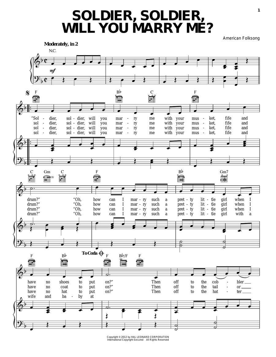 Soldier, Soldier Will You Marry Me Piano, Vocal, Guitar scores gallery preview page 1