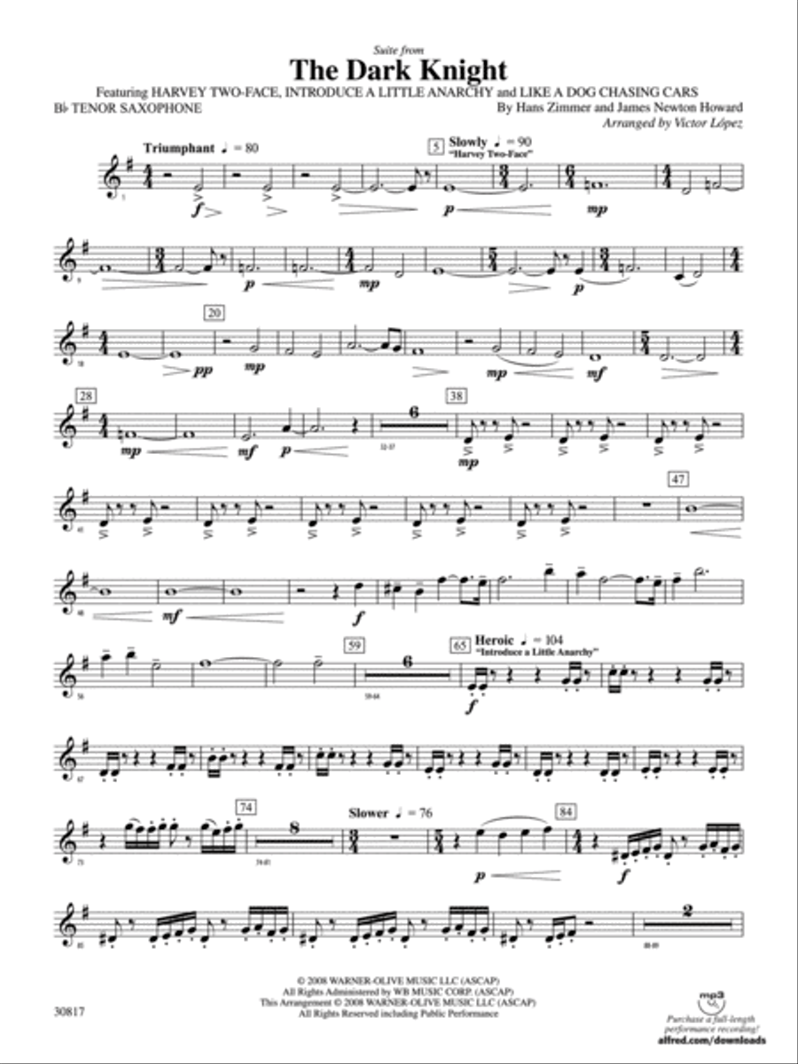 The Dark Knight, Suite from: B-flat Tenor Saxophone Concert Band scores gallery preview page 1