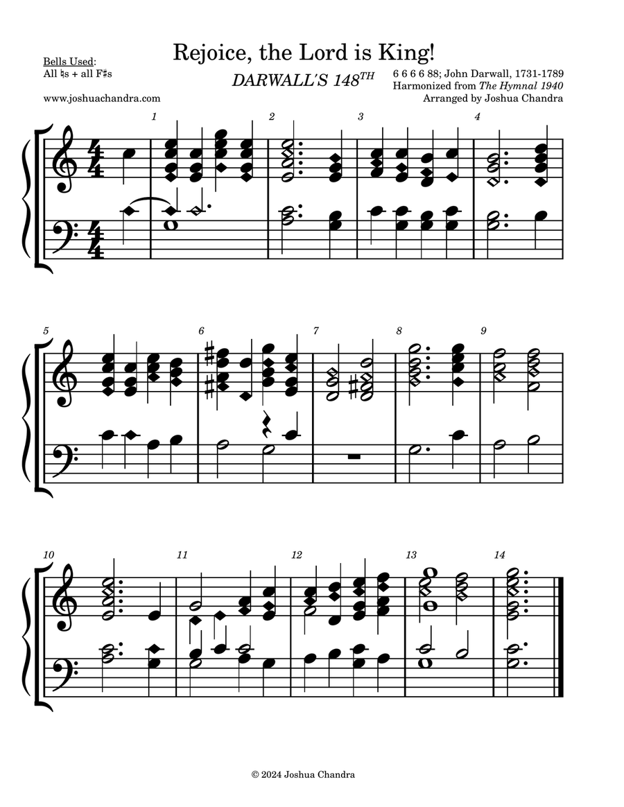 Book cover for Rejoice, the Lord Is King (DARWALL'S 148TH) - 2-Octave Handbell Part