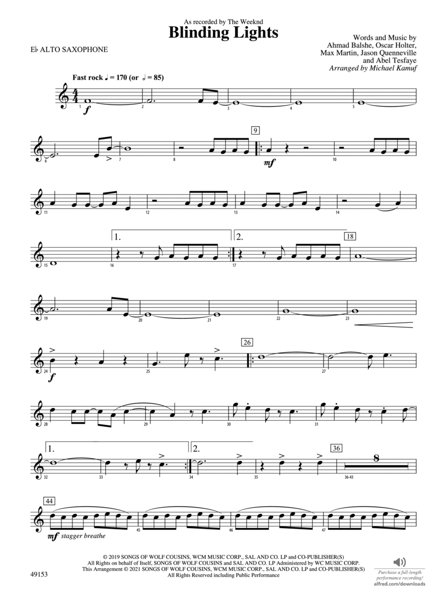 Blinding Lights: E-flat Alto Saxophone Concert Band scores gallery preview page 1