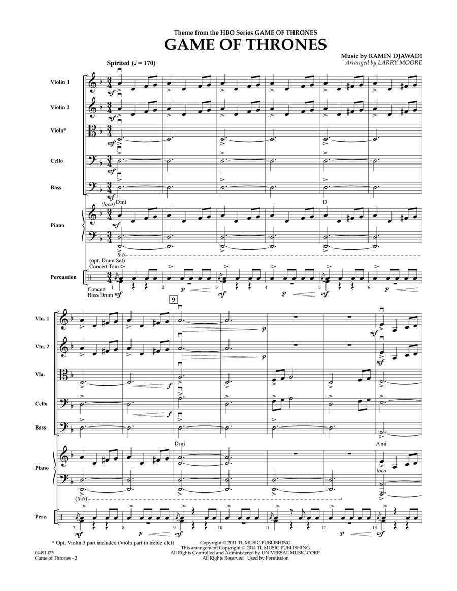 Game of Thrones (arr. Larry Moore) - Conductor Score (Full Score) Orchestra scores gallery preview page 2