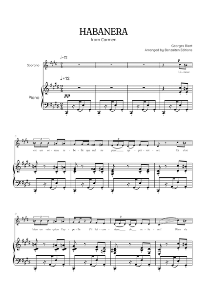 Bizet • Habanera from Carmen in C# sharp minor [C#m] | soprano sheet music with piano accompaniment image number null