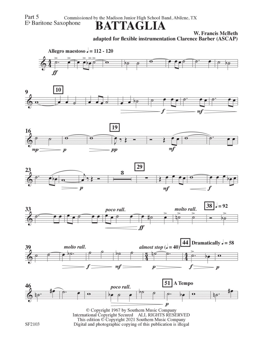 Battaglia - Baritone Sax 5 Concert Band scores gallery preview page 1
