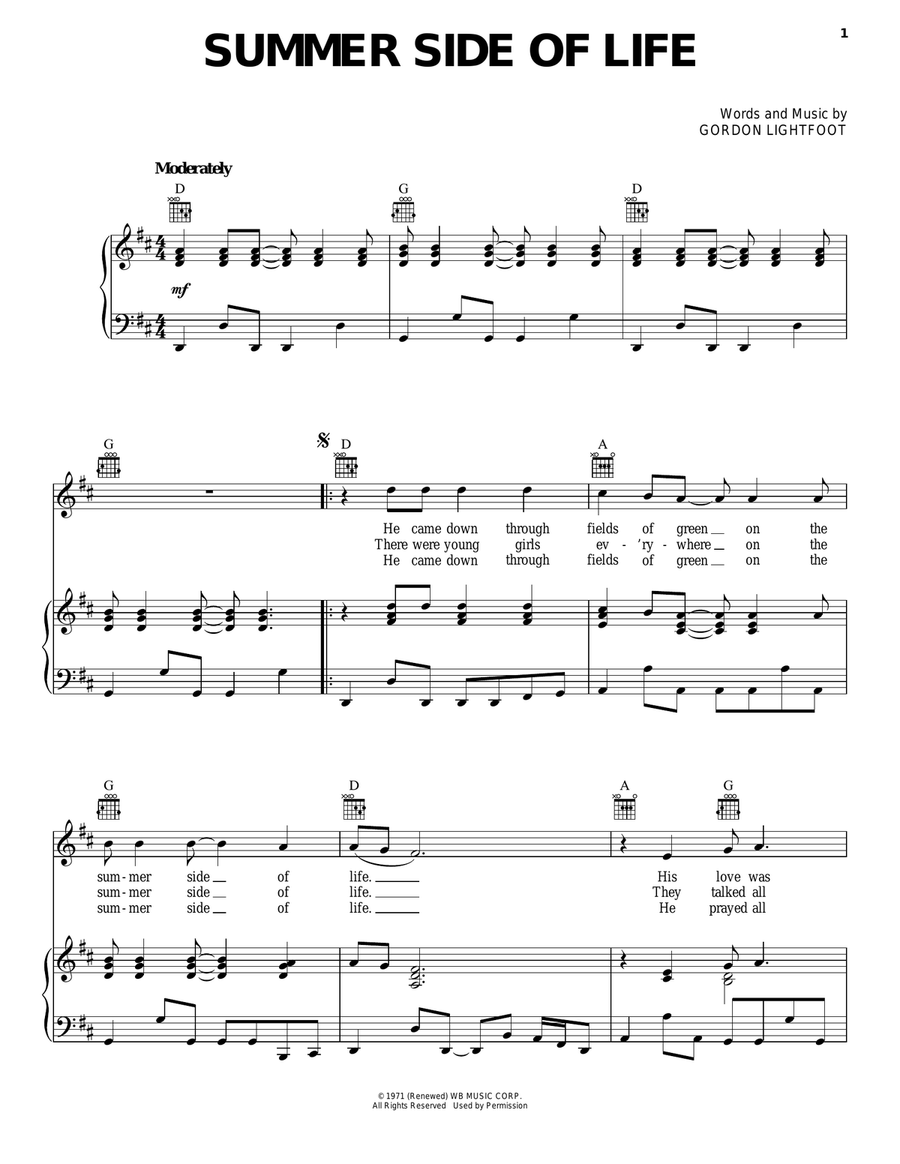 Summer Side Of Life Piano, Vocal, Guitar scores gallery preview page 1