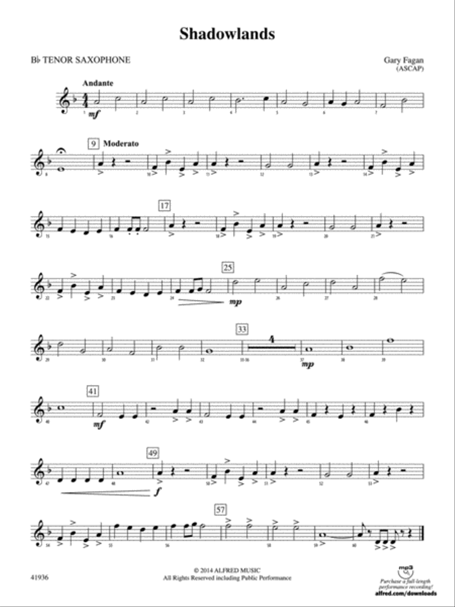 Shadowlands: B-flat Tenor Saxophone Concert Band scores gallery preview page 1