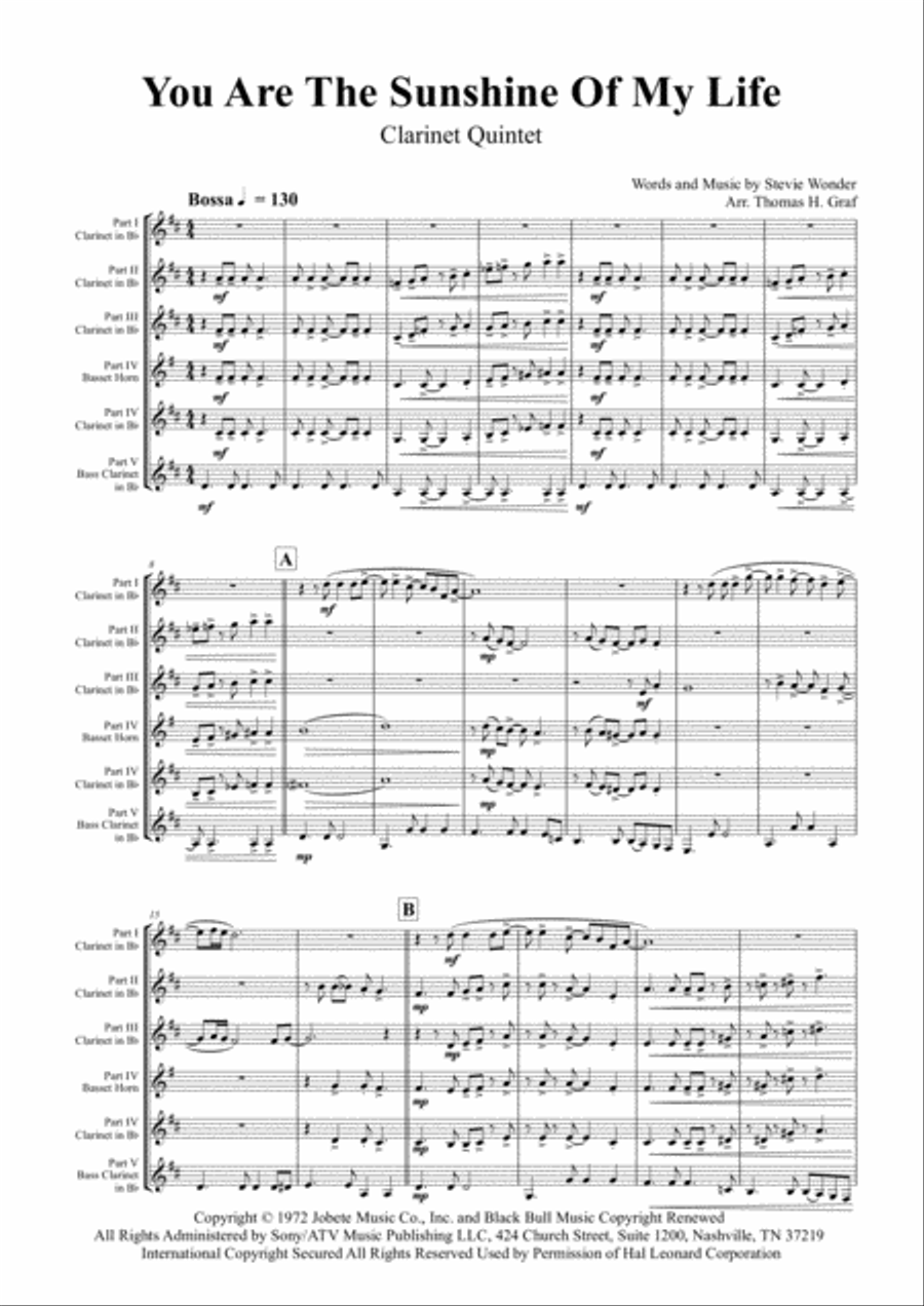 You Are The Sunshine Of My Life Clarinet Quintet scores gallery preview page 2