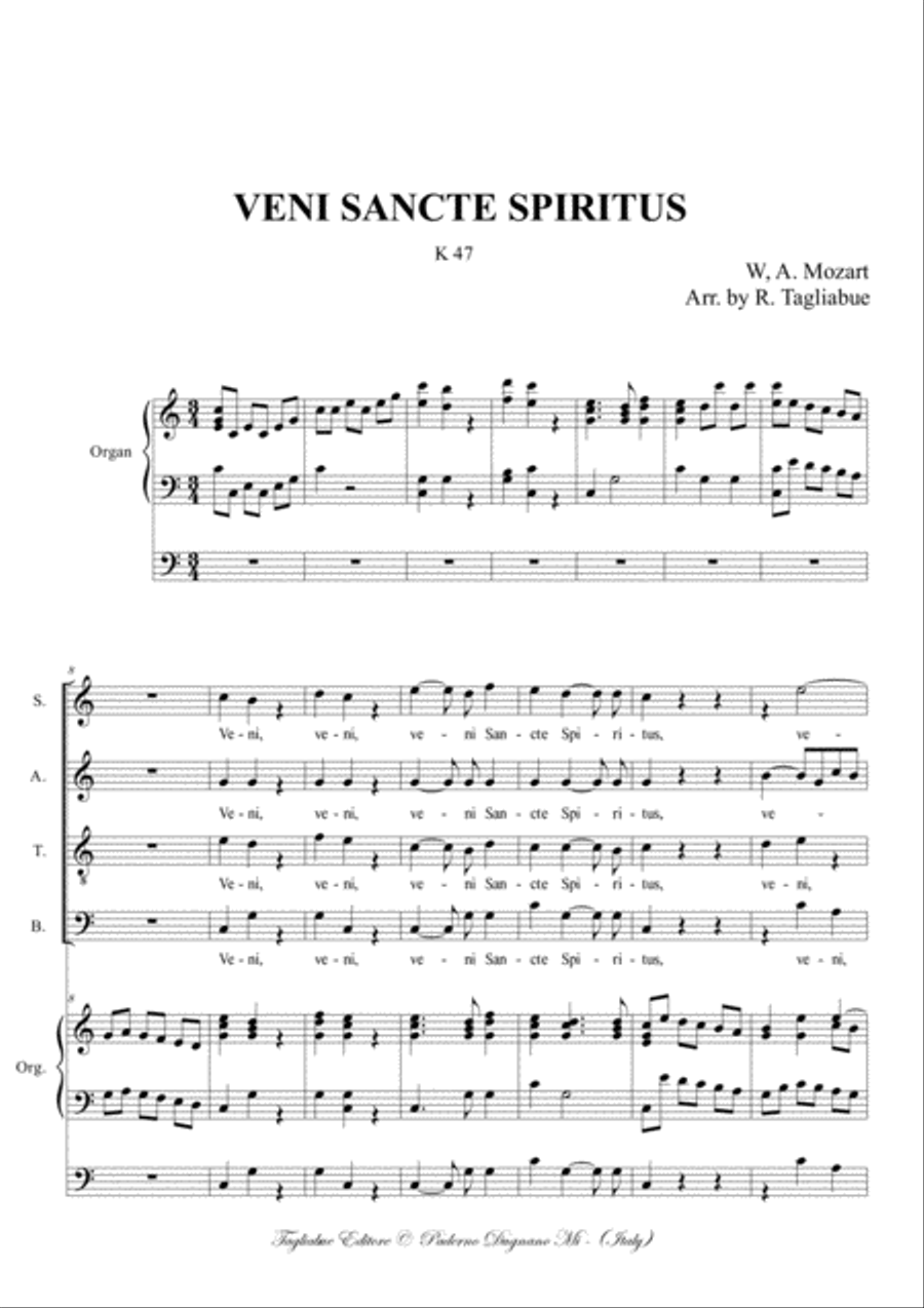 VENI SANCTE SPIRITUS - ALLELUIA - Mozart - K47 - For SATB Choir and Organ 3 staff 4-Part scores gallery preview page 2