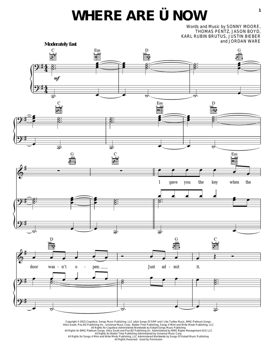 Where Are U Now Piano, Vocal, Guitar scores gallery preview page 1