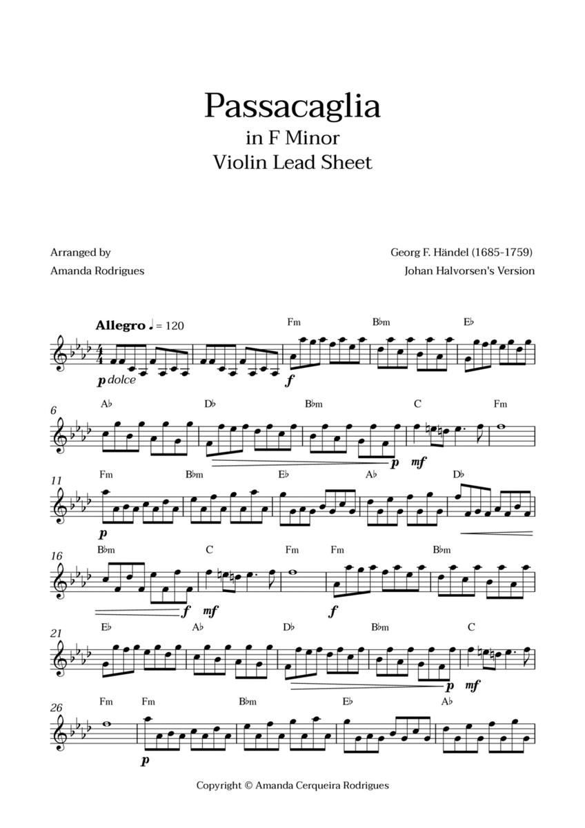 Passacaglia - Easy Violin Lead Sheet in Fm Minor (Johan Halvorsen's Version) image number null
