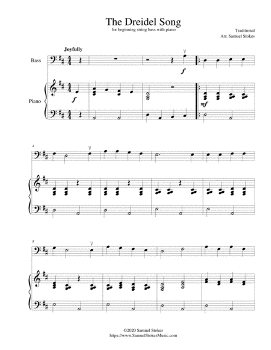 The Dreidel Song (I Have a Little Dreidel) - for beginning string bass with optional piano accompani Double Bass scores gallery preview page 1