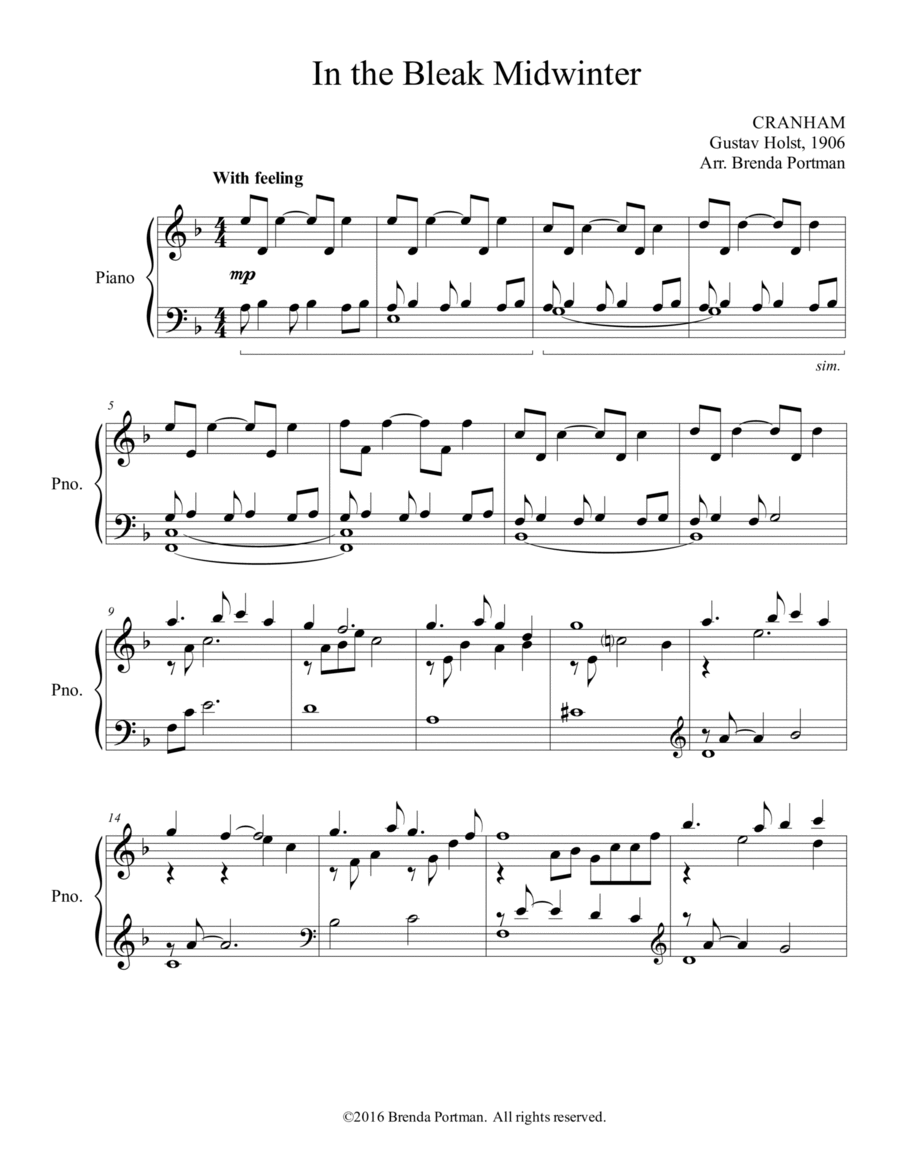 In the Bleak Midwinter (piano solo), arr. Brenda Portman Piano Solo scores gallery preview page 1