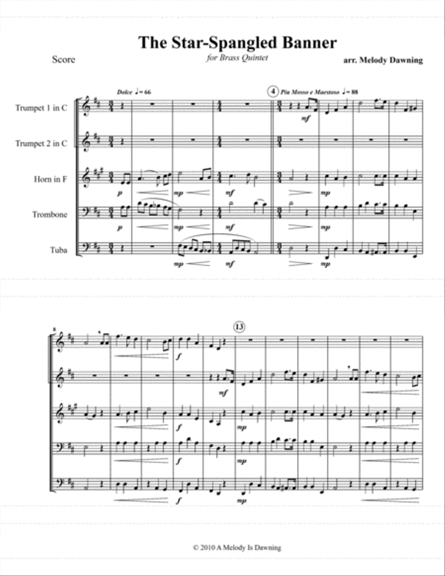 The Star-Spangled Banner (US National Anthem) for Brass Quintet Brass Quintet scores gallery preview page 2